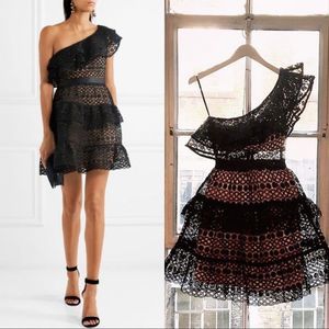 Self-Portrait Black and Tan Asymmetrical Ruffled Mini Dress